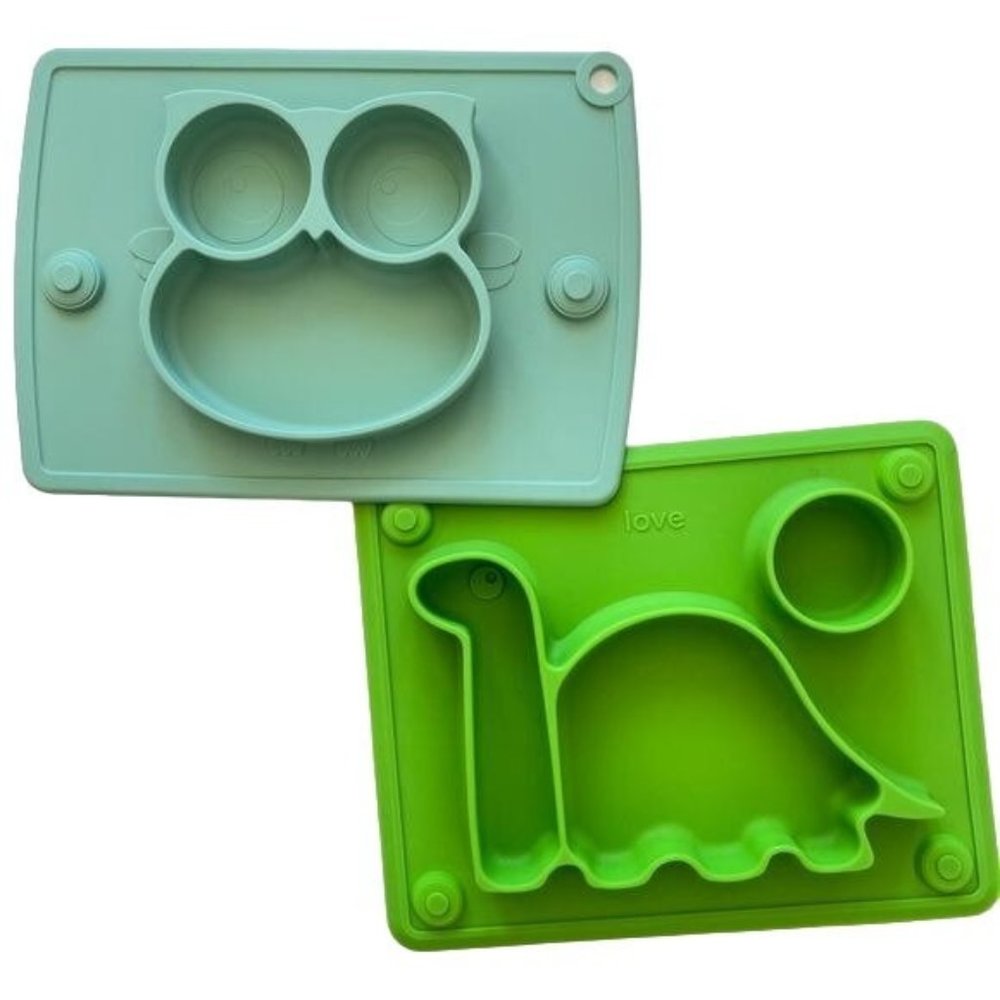 Silicone Toddler Divided Plates Trays Set 2 Dinosaur Owl Non Slip Suction Baby